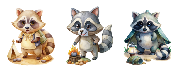 Collection of Watercolor Raccoon Illustrations Exploring a Campsite with Cute Outdoor Activities