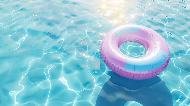 A 3D illustration presents a floating inflatable ring in a blue swimming pool with clear water accompanied by caustics rays underwater representing the summer vacation concept with ample