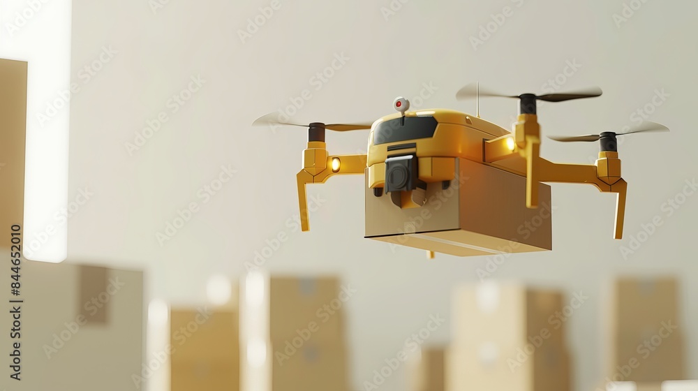 Poster a 3d rendering shows a yellow smart drone flying with a carton box against a light background repres