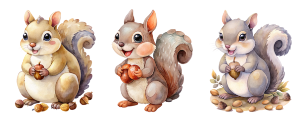 Collection of Adorable Watercolor Squirrel Illustrations Gathering Acorns in a Playful Style