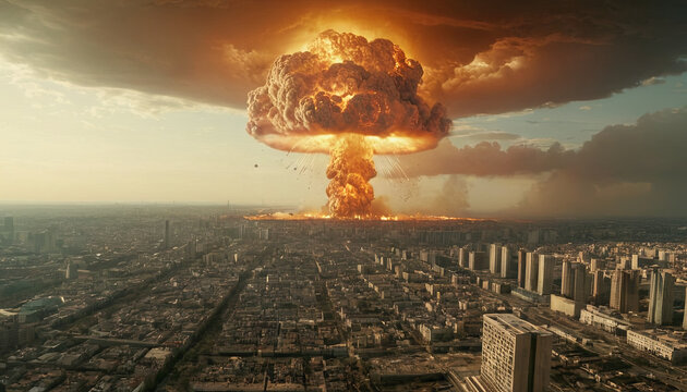 A large mushroom cloud rises over a city after a nuclear detonation