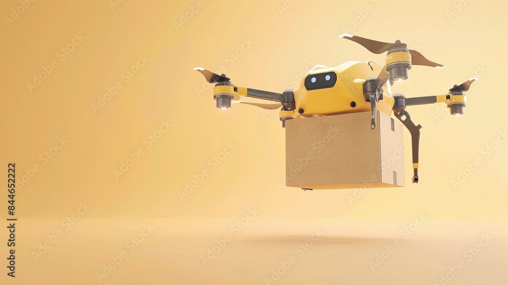 Poster a 3d rendering shows a yellow smart drone flying with a carton box against a light background repres