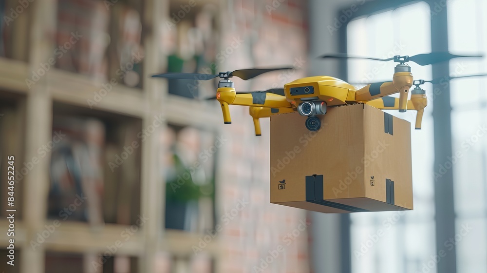 Poster a 3d rendering shows a yellow smart drone flying with a carton box against a light background repres