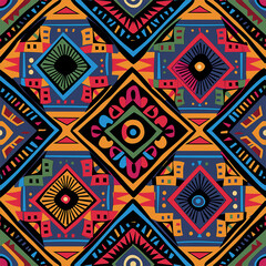 A vibrant, colorful tribal pattern with geometric shapes and intricate patterns in the style of African art. The design includes bold colors like reds, blues, yellows and greens