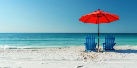 Beach chairs and a red umbrella on a pristine beach with turquoise water and clear blue sky, creating a perfect tropical getaway.