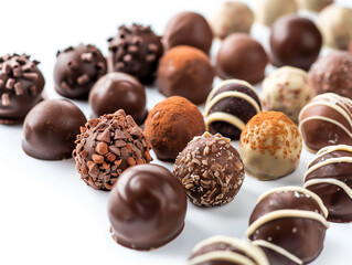 Schokoladen Pralinen, Tr&uuml;ffel auf weissen Hintergrund. Verschiedene Sorten.