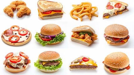 Fast food collection A mouthwatering array of assorted fast food favorites including pizza, burgers, fries, and drinks, perfect for illustrating takeaway menus, delivery services, and restaurant 