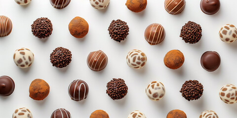 Schokoladen Pralinen, Tr&uuml;ffel auf weissen Hintergrund. Verschiedene Sorten.