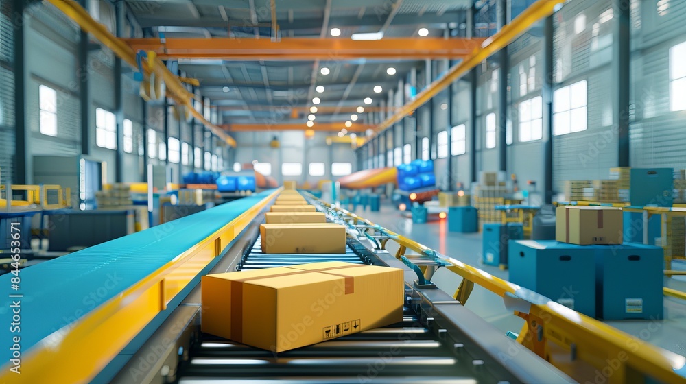 Poster a conveyor moves boxes along a production line inside an automated warehouse representing the fulfil