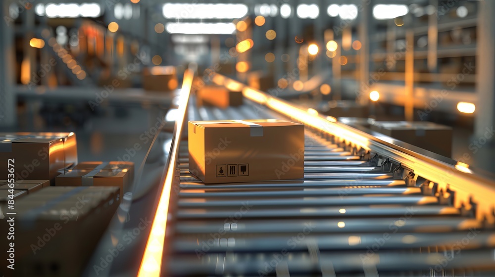 Poster a conveyor moves boxes along a production line inside an automated warehouse representing the fulfil