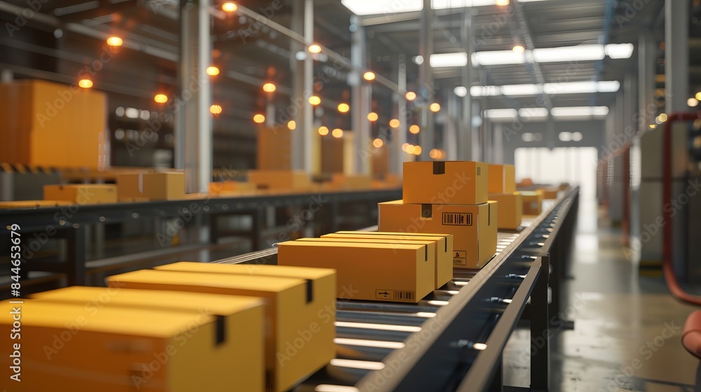 Poster a conveyor moves boxes along a production line inside an automated warehouse representing the fulfil
