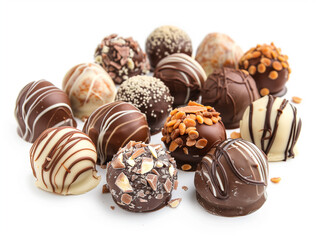Obraz premium Schokoladen Pralinen, Trüffel auf weissen Hintergrund. Verschiedene Sorten.