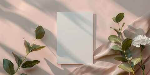 Wedding invitation mockup with blank card and flowers, ideal for elegant and romantic event photography.