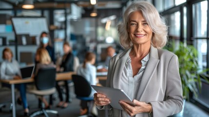 Fototapeta premium Business woman smiling at the camera while holding a tablet pc. Mature business woman standing in an office with her colleag