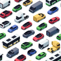 Fotobehang Isometric cars pattern. Seamless print of colorful retro vehicles, cartoon transportation background for wrapping paper fabric print. Vector texture. © Tartila