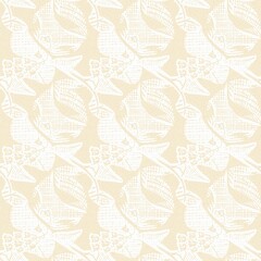 Obraz premium Modern white on cream lace effect wedding background texture. Soft tonal linen openwork block print with subtle hand drawn lattice damask printed fabric backdrop. 