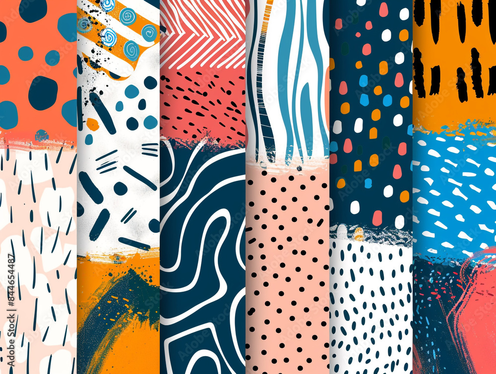 Poster abstract hand drawn geometric simple minimalistic seamless patterns set.