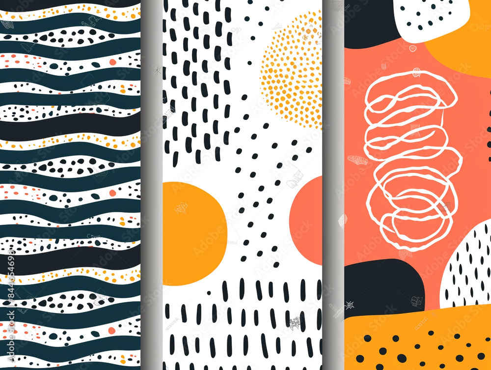 Poster abstract hand drawn geometric simple minimalistic seamless patterns set.