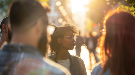 Fototapeta premium Defocused image of a group of diverse individuals engaged in a lively discussion with a hazy city street in the background portraying the collaborative and stimulating nature of intellectual .