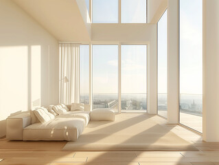 Fototapeta premium Interieur: Wohnung, weißes Sofa, Terrasse, Fenster vom Boden bis zur Decke, minimalistisch