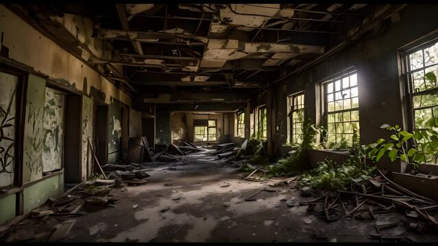 A dilapidated hallway in an abandoned building, filled with debris, broken windows, and overgrown plants. The scene captures the haunting beauty of urban decay and nature reclaiming the space.