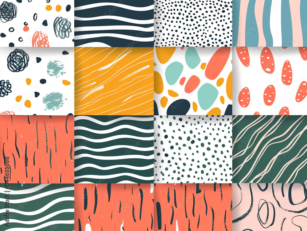 Poster abstract hand drawn geometric simple minimalistic seamless patterns set.