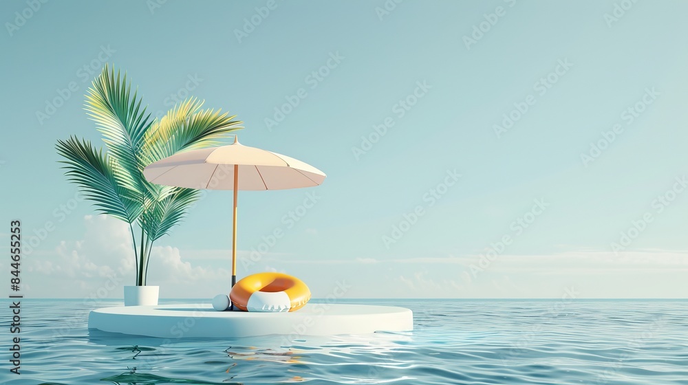 Poster a minimalistic realistic display podium is depicted in a 3d render against a blue ocean sea backgrou