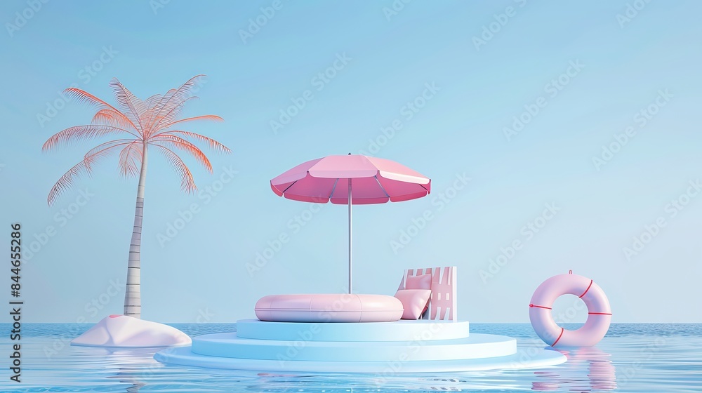 Poster a minimalistic realistic display podium is depicted in a 3d render against a blue ocean sea backgrou