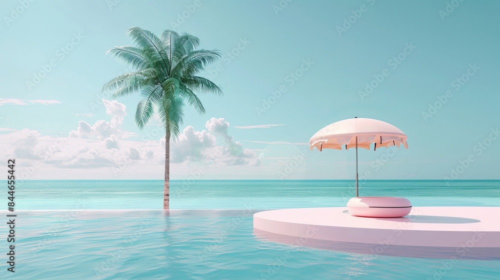 Poster a minimalistic realistic display podium is depicted in a 3d render against a blue ocean sea backgrou