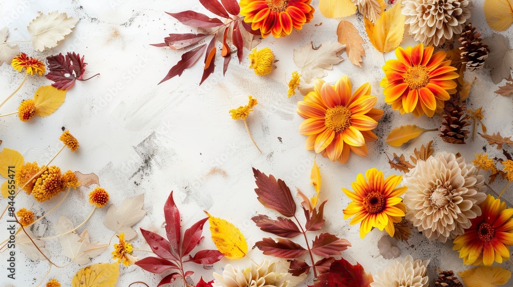 Wall mural Autumn composition made of beautiful flowers on light backdrop, Flower Drawing - Wall murals