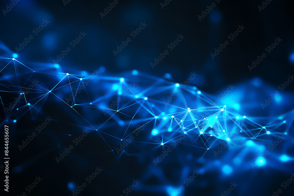 Poster abstract technology background with blue glowing network connections and dots on dark background, ne