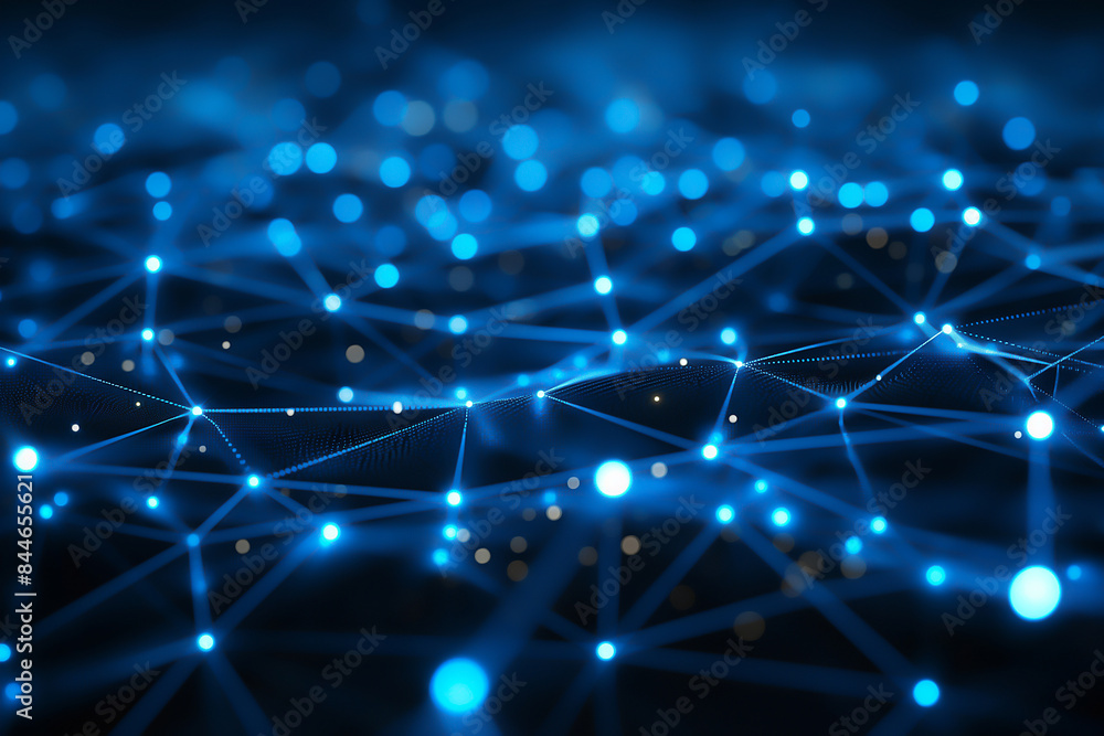 Poster abstract technology background with blue glowing network connections and dots on dark background, ne