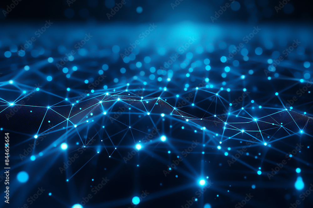 Poster abstract technology background with blue glowing network connections and dots on dark background, ne