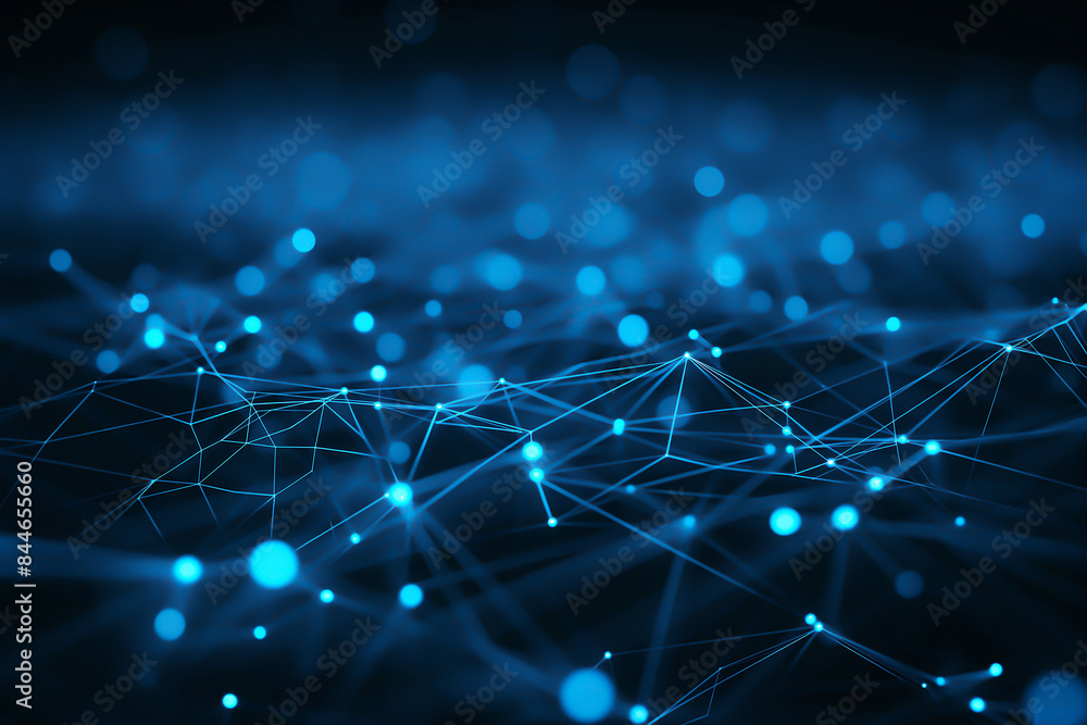 Poster abstract technology background with blue glowing network connections and dots on dark background, ne