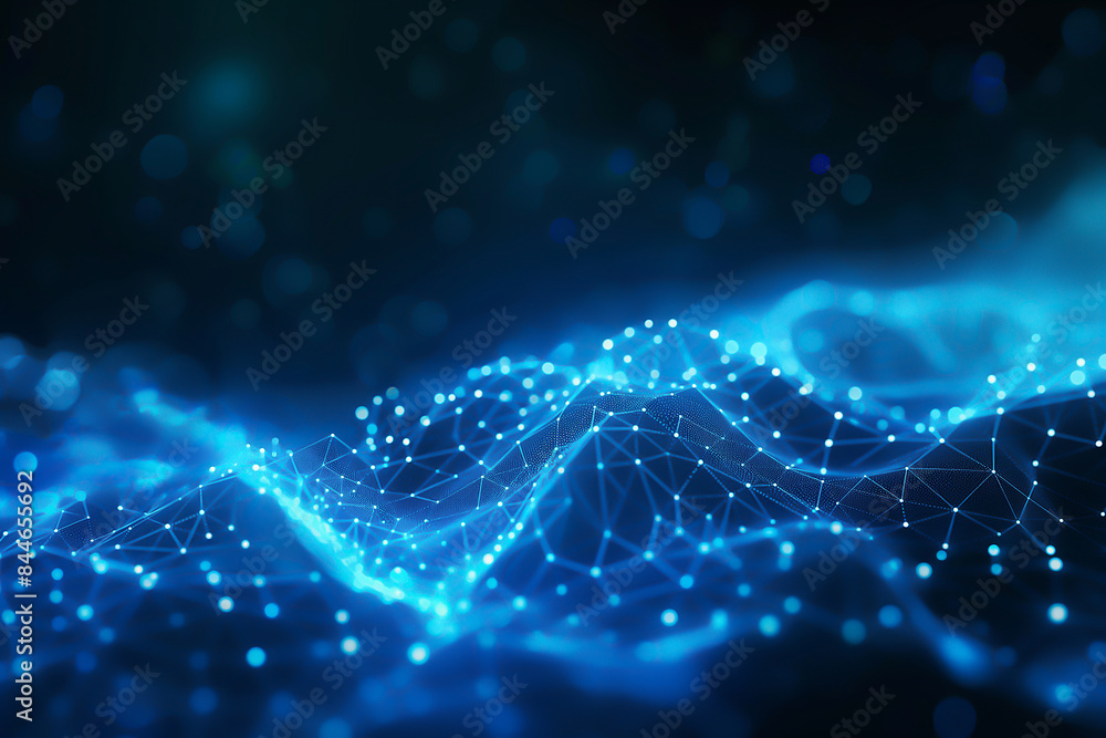 Poster abstract technology background with blue glowing network connections and dots on dark background, ne