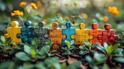 Colorful wooden puzzle pieces connected and placed among green plants, symbolizing unity and diversity.