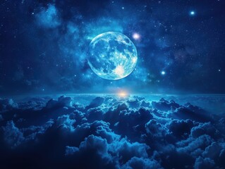 Fototapeta premium A magical night sky with twinkling stars and a glowing full moon in the background. 
