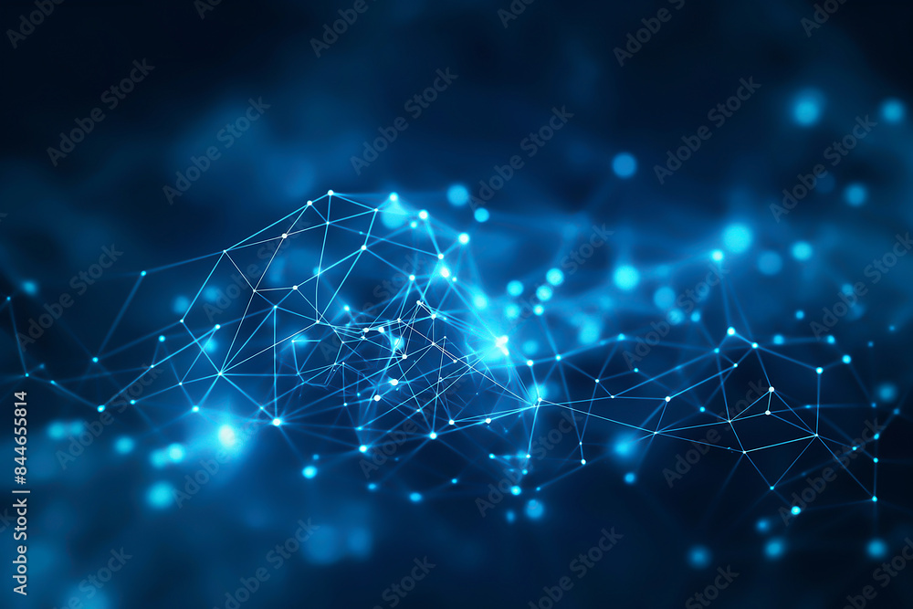 Poster abstract technology background with blue glowing network connections and dots on dark background, ne