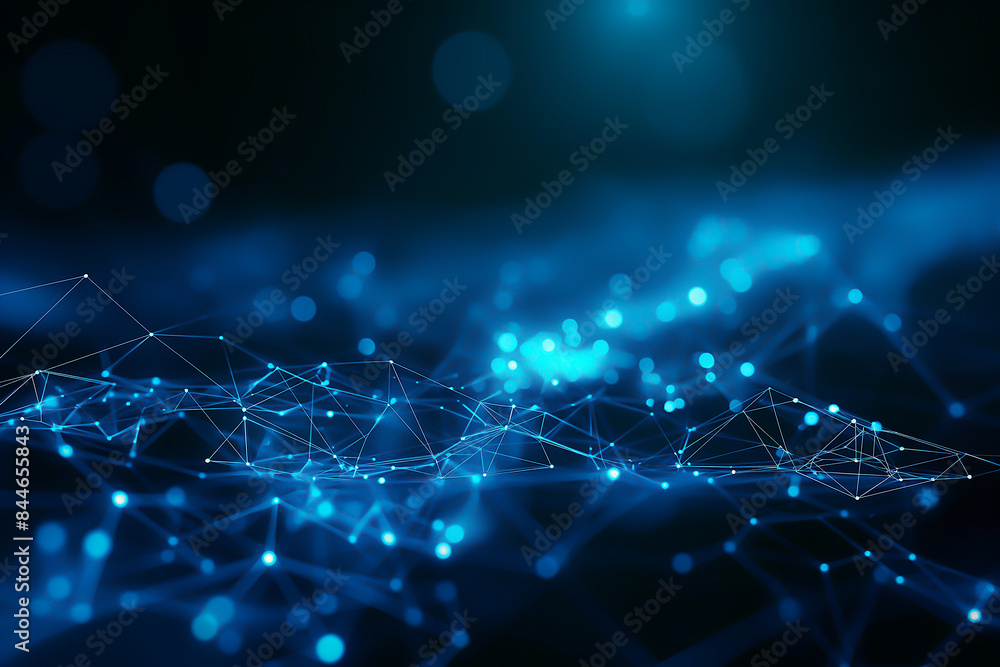 Poster abstract technology background with blue glowing network connections and dots on dark background, ne