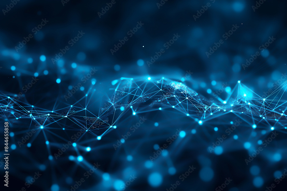 Poster abstract technology background with blue glowing network connections and dots on dark background, ne
