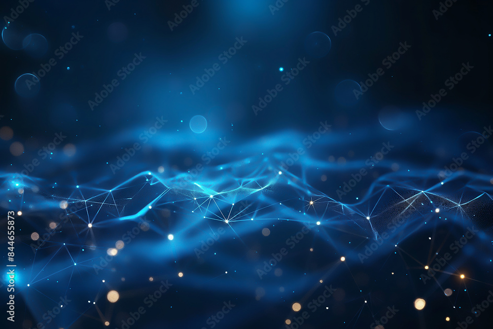Poster abstract technology background with blue glowing network connections and dots on dark background, ne