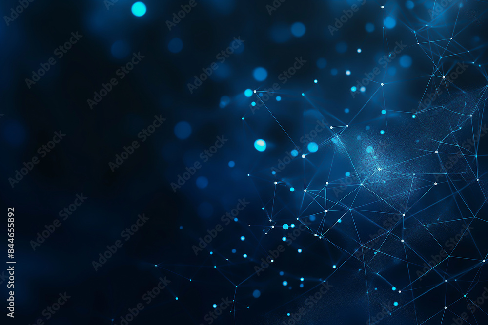 Poster abstract technology background with blue glowing network connections and dots on dark background, ne