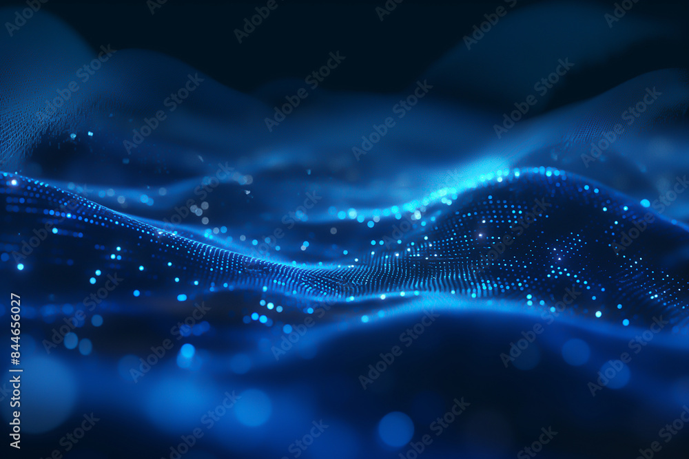 Poster abstract technology background with blue glowing network connections and dots on dark background, ne