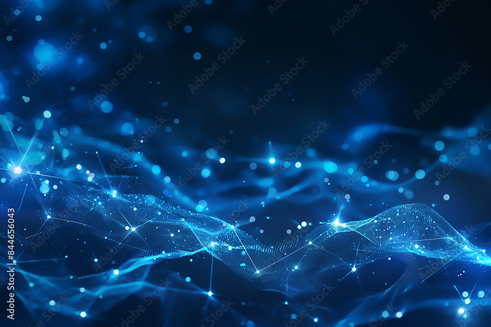 Poster abstract technology background with blue glowing network connections and dots on dark background, ne