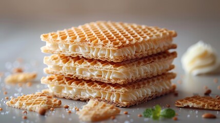 Delicious caramel waffles stacked and accompanied by cream topping and crumbs