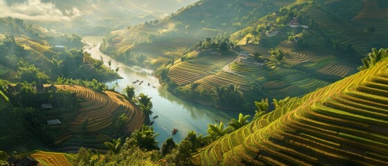 In a beautiful landscape, terraced farms dot the hillsides, harmoniously blending nature and agriculture with the flow