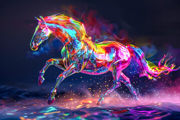 Prismatic Running Horse.  Generated image.   A digital illustration of a wild running horse in water in the prismatic art style.  