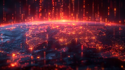 Vibrant abstract representation of financial markets with glowing data points, depicting a global network and digital information flow in red and orange hues, against a dark background.