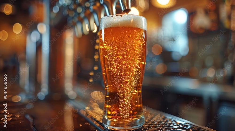Poster close-up of a refreshing beer with bubbles in a glass on a bar counter with blurred background