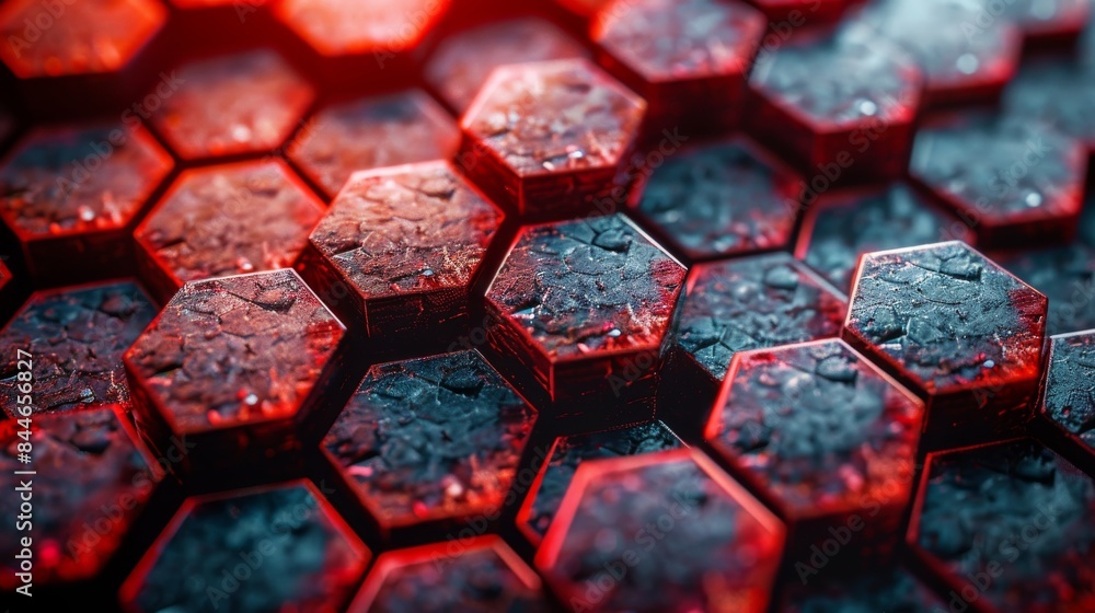 Poster close-up of red metallic hexagonal shapes with a textured surface bathed in dramatic lighting